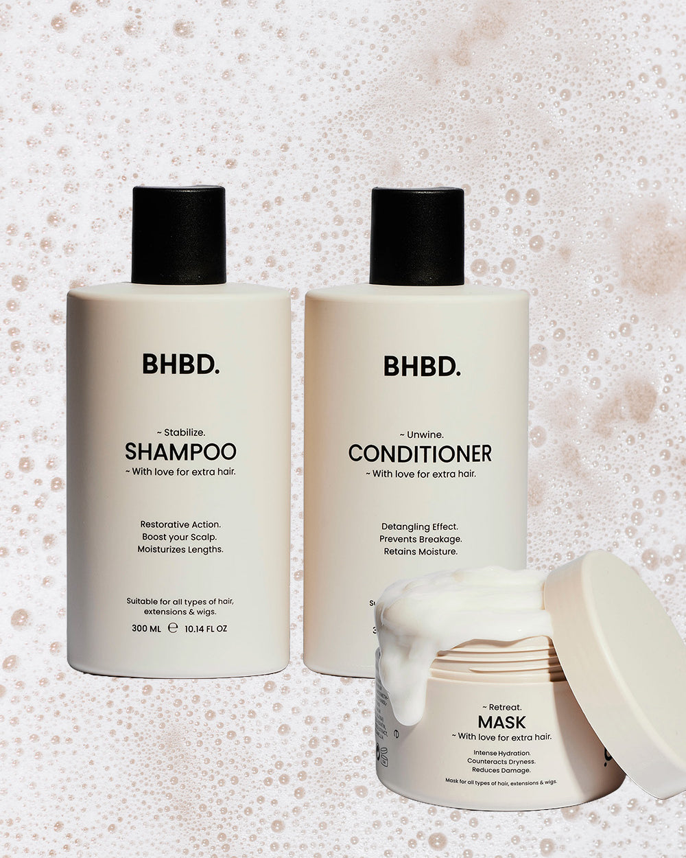 BHBDs hair rescue deal that includes Shampoo cleanses gently. Conditioner protects & shines. Mask deeply transforms hair.
